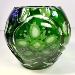 Gus Khrustalny Russian Emerald Cut To Clear Crystal Bulb Vase Cased Floral 4.75"